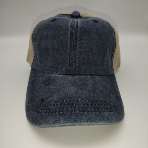 Navy Blue Distressed Washed Cotton Solid Color Mesh Cap Baseball Cap