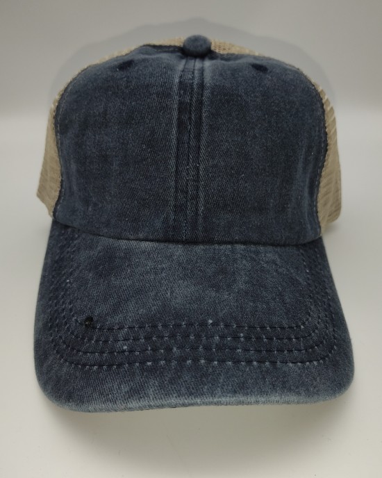 Navy Blue Distressed Washed Cotton Solid Color Mesh Cap Baseball Cap