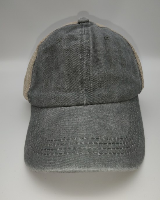 Gray Distressed Washed Cotton Solid Color Mesh Cap Baseball Cap