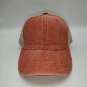 Orange Distressed Washed Cotton Solid Color Mesh Cap Baseball Cap