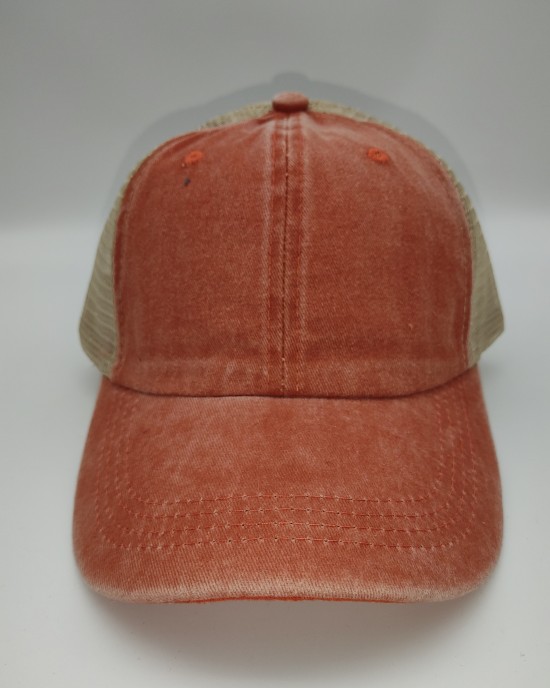 Orange Distressed Washed Cotton Solid Color Mesh Cap Baseball Cap