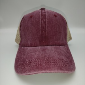 Red Distressed Washed Cotton Solid Color Mesh Cap Baseball Cap