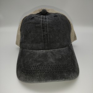 Black Distressed Washed Cotton Solid Color Mesh Cap Baseball Cap