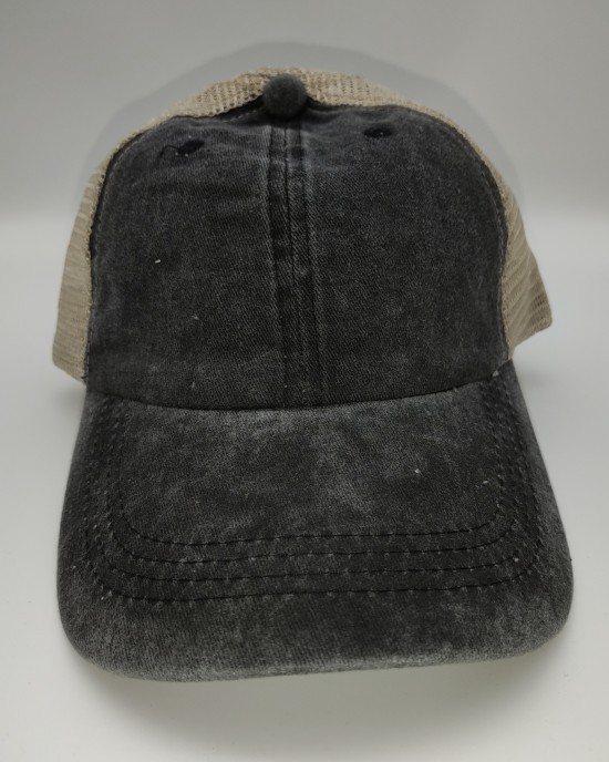 Black Distressed Washed Cotton Solid Color Mesh Cap Baseball Cap